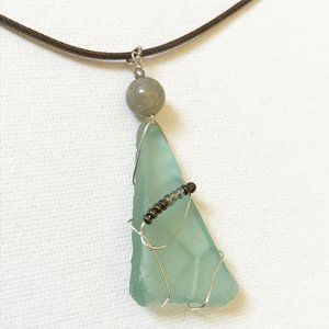 Light Turquoise Sea Glass, Labradorite Crystal Gemstone Necklace Boho Mermaid
